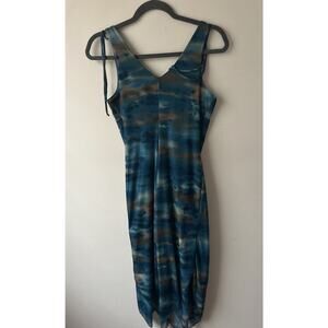 VTG Y2K Teal Asymmetrical Hem Midi Dress Stretchy Large Mermaid Colorful